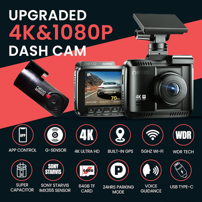 NEXIO N5Pro 4K Dual Dash Cam with Starvis Sensor, WiFi, GPS, ADAS, Park Mode