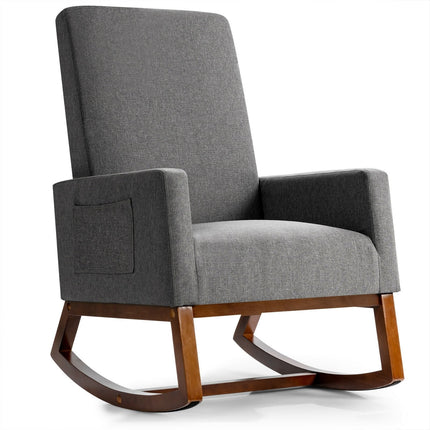 Rocking High Back Upholstered Lounge Armchair with Side Pocket-Beige