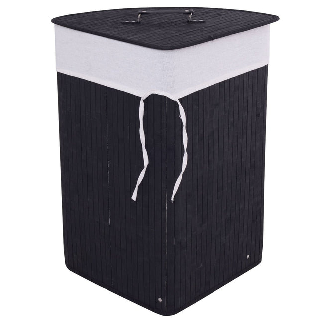 Corner Bamboo Hamper Laundry Basket with Lid and Removable Liner-Black
