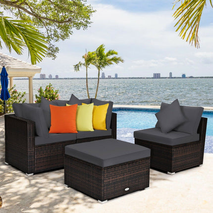 4 Pieces Ottoman Garden Patio Rattan Wicker Furniture Set with Cushion-Black