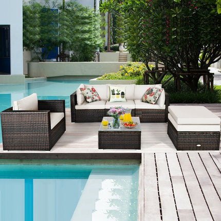 6 Pieces Patio Rattan Furniture Set with Sectional Cushion-Black