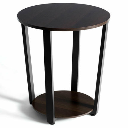 2-Tier Round End Table with Storage Shelf and Metal Frame-Brown