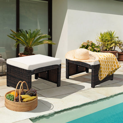 2 Pieces Patio Rattan Ottomans with Soft Cushion for Patio and Garden-Gray
