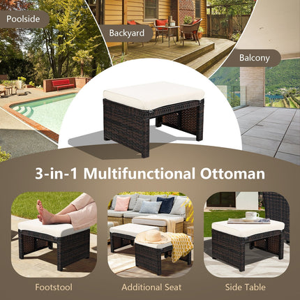 2 Pieces Patio Rattan Ottomans with Soft Cushion for Patio and Garden-Gray
