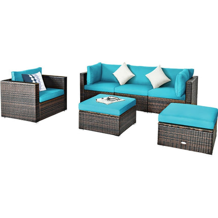 6 Pieces Patio Rattan Furniture Set with Sectional Cushion-Black