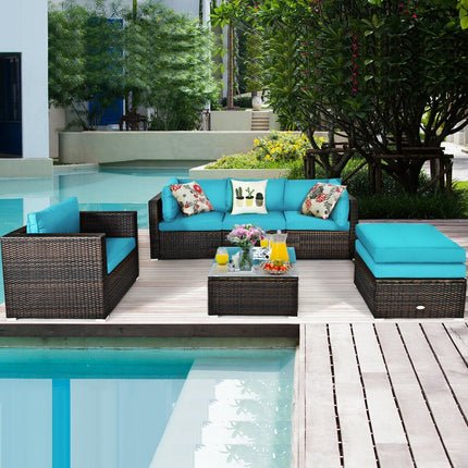 6 Pieces Patio Rattan Furniture Set with Sectional Cushion-Black