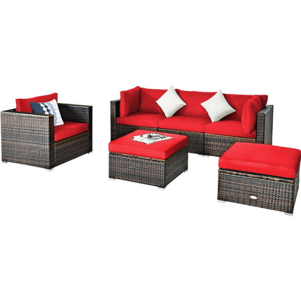 6 Pieces Patio Rattan Furniture Set with Sectional Cushion-Black