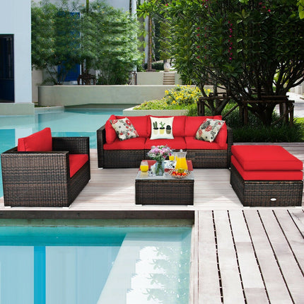 6 Pieces Patio Rattan Furniture Set with Sectional Cushion-Black