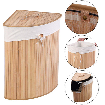 Corner Bamboo Hamper Laundry Basket with Lid and Removable Liner-Black