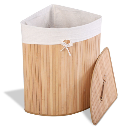 Corner Bamboo Hamper Laundry Basket with Lid and Removable Liner-Black