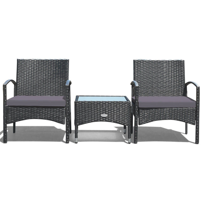 3 Pieces Patio Wicker Rattan Furniture Set with Cushion for Lawn Backyard-Gray