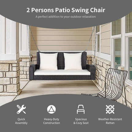 2-Person Patio Rattan Porch Swing with Cushions-Black