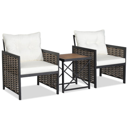 3 Piece Patio Rattan Furniture Set with Acacia Wood Tabletop-Gray