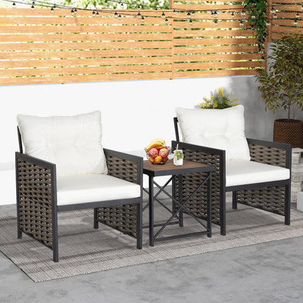 3 Piece Patio Rattan Furniture Set with Acacia Wood Tabletop-Gray