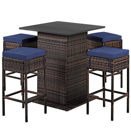 5 Pieces Patio Rattan Bar Furniture Set with Cushions and Hidden Storage Shelf-Black