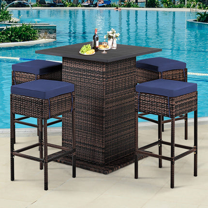 5 Pieces Patio Rattan Bar Furniture Set with Cushions and Hidden Storage Shelf-Black