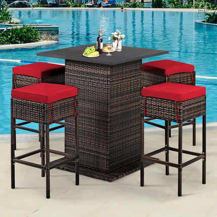 5 Pieces Patio Rattan Bar Furniture Set with Cushions and Hidden Storage Shelf-Black