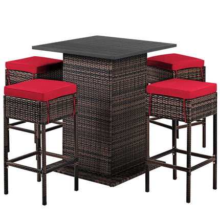 5 Pieces Patio Rattan Bar Furniture Set with Cushions and Hidden Storage Shelf-Black