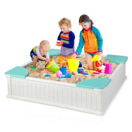 Kids Outdoor Sandbox with Oxford Cover and 4 Corner Seats-Brown