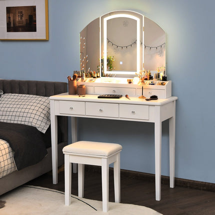 Vanity Table Stool Set with Large Tri-folding Lighted Mirror-Black
