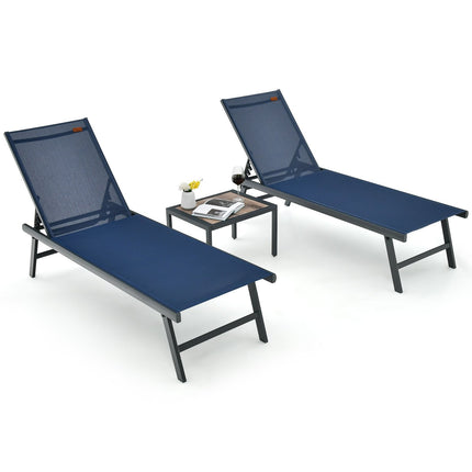 3 Pieces Patio Chaise Lounge Chair and Table Set for Poolside Yard-Black