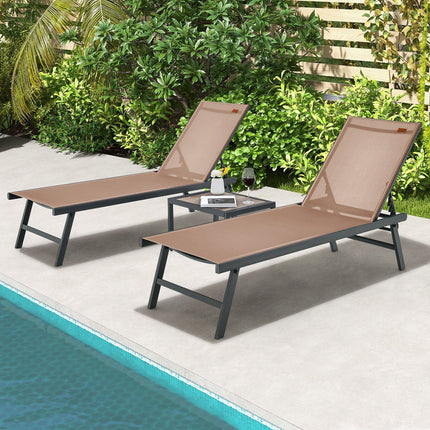 3 Pieces Patio Chaise Lounge Chair and Table Set for Poolside Yard-Black