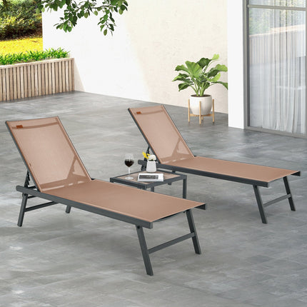 3 Pieces Patio Chaise Lounge Chair and Table Set for Poolside Yard-Black