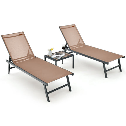 3 Pieces Patio Chaise Lounge Chair and Table Set for Poolside Yard-Black