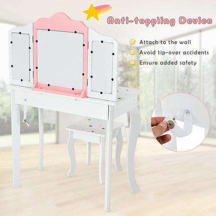 Kids Princess Vanity Table and Stool Set with Tri-folding Mirror and Drawer-Pink