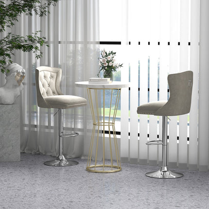 Set of 2 Bar Chairs with Footrest  Electroplated Metal Base and Anti-Slip Ring-Beige