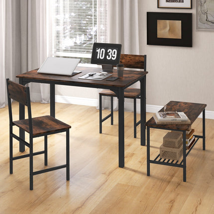 4 Pieces Rustic Dining Table Set with 2 Chairs and Bench-Brown
