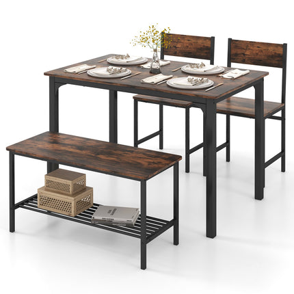 4 Pieces Rustic Dining Table Set with 2 Chairs and Bench-Brown
