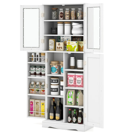 Tall Kitchen Pantry Cabinet with Dual Tempered Glass Doors and Shelves-Black