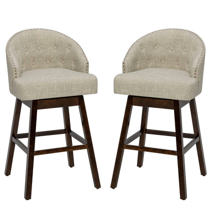 Set of 2 Swivel Bar Stools Tufted Bar Height Pub Chairs with Rubber Wood Legs-Beige