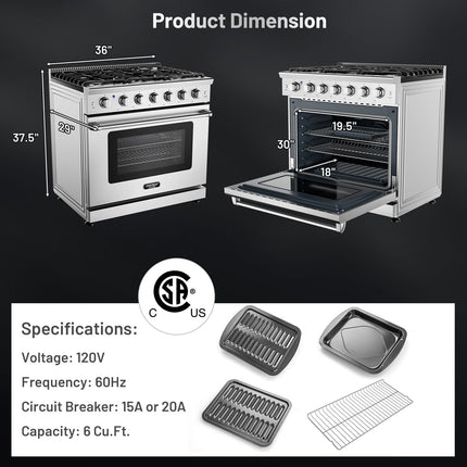 36 Inches Freestanding Natural Gas Range with 6 Burners Cooktop