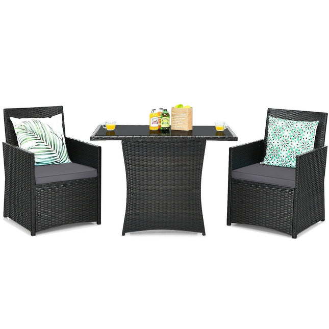 3 Pieces Patio Rattan Furniture Set with Cushion and Sofa Armrest-Gray