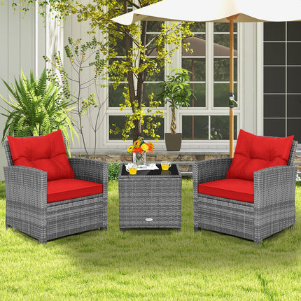 3 Pieces Outdoor Wicker Conversation Set with Tempered Glass Tabletop-Black