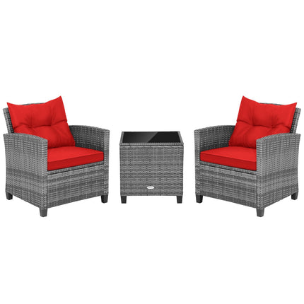3 Pieces Outdoor Wicker Conversation Set with Tempered Glass Tabletop-Black