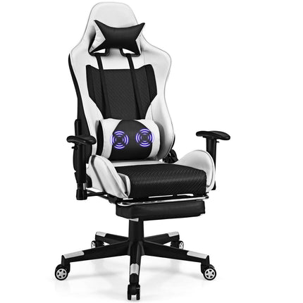 PU Leather Gaming Chair with USB Massage Lumbar Pillow and Footrest-Blue