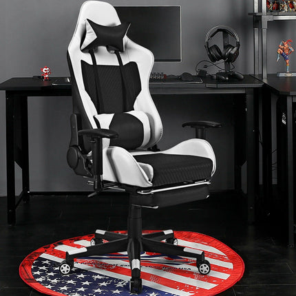 PU Leather Gaming Chair with USB Massage Lumbar Pillow and Footrest-Blue