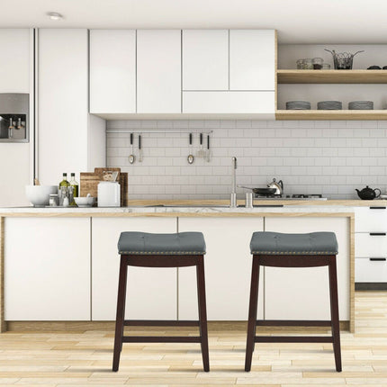 Set of 2 Nailhead Saddle Bar Stools-Brown