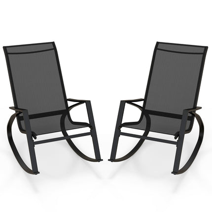 2 Pieces Patio Rocking Chairs Outdoor Sling Fabric Rockers with Ergonomic Backrest and Seat-Black