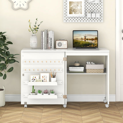 Folding Sewing Table with Storage Shelf and 5 Lockable Wheels-Natural