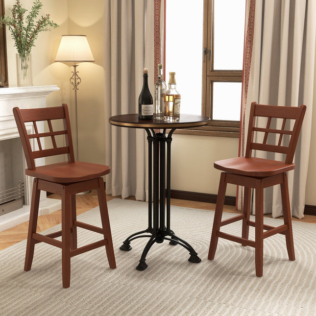 Counter Height Barstools Set of 2 with 6-Grid Hollow Back and Seat-Brown