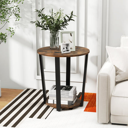 2-Tier Round End Table with Storage Shelf and Metal Frame-Brown