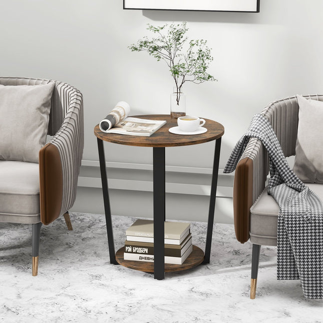 2-Tier Round End Table with Storage Shelf and Metal Frame-Brown