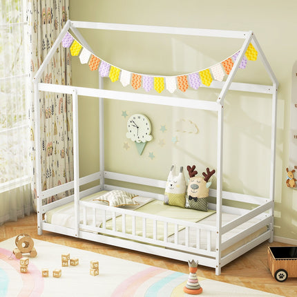 Twin Size Kids House Bed Wooden Floor Bed with Roof and Full-length Safety Guardrail-Gray