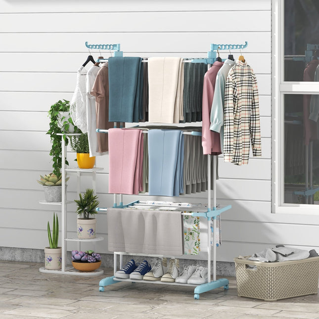 4-tier Clothes Drying Rack with Rotatable Side Wings and Collapsible Shelves-Blue