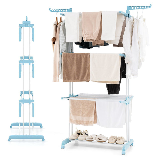 4-tier Clothes Drying Rack with Rotatable Side Wings and Collapsible Shelves-Blue