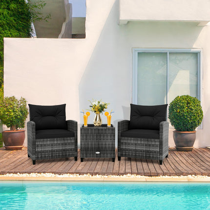 3 Pieces Outdoor Wicker Conversation Set with Tempered Glass Tabletop-Black